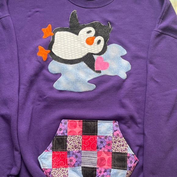 Upcycled Penguin Appliquéd Crewneck Sweatshirt w/ Quilted Pocket, 3X, Craftcore - Picture 1 of 5